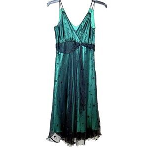 Jonathan Martin Y2K Silk Dress Emerald Green Mesh Polka Dot Size 6